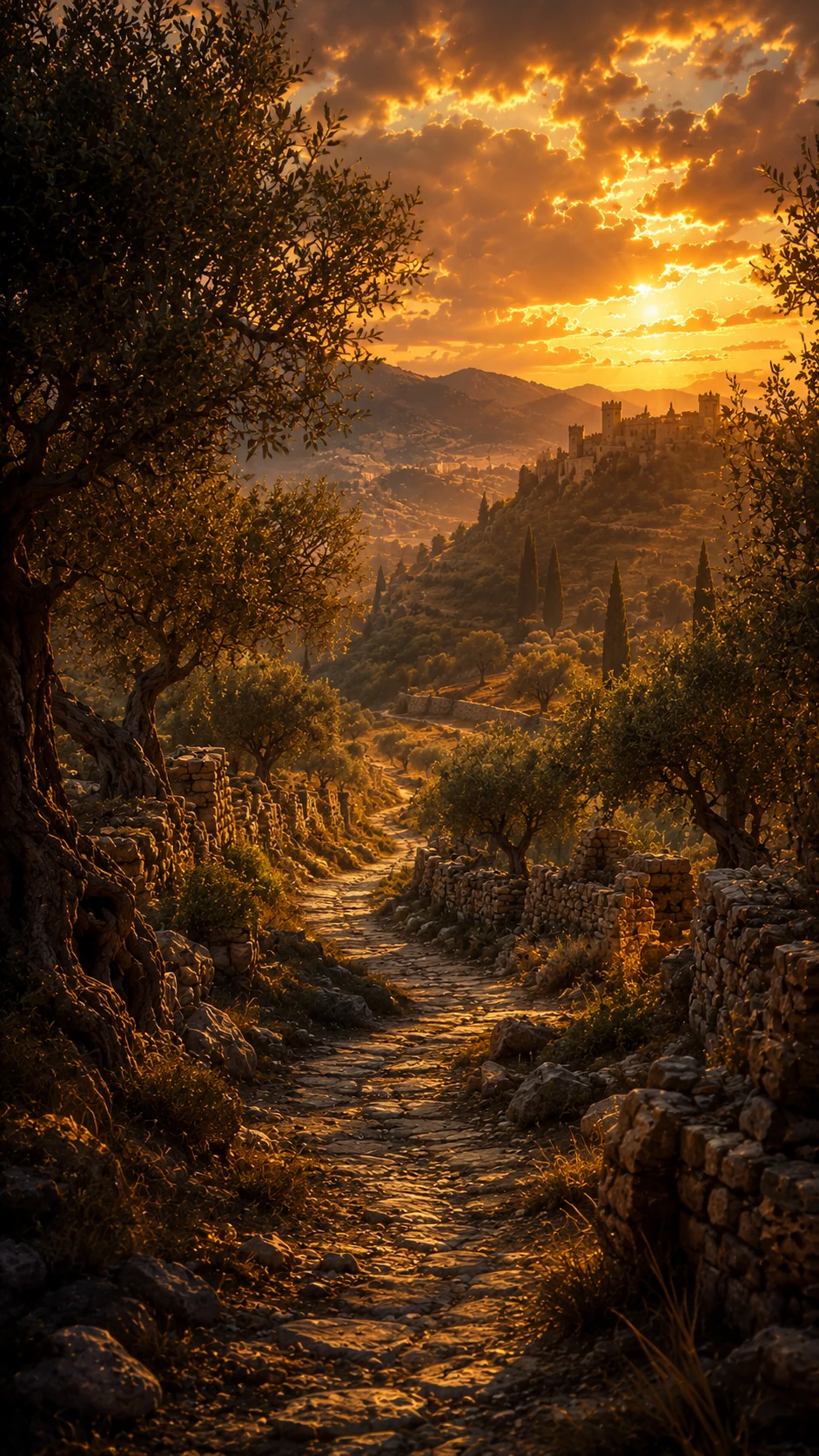 Camino antiguo entre olivos