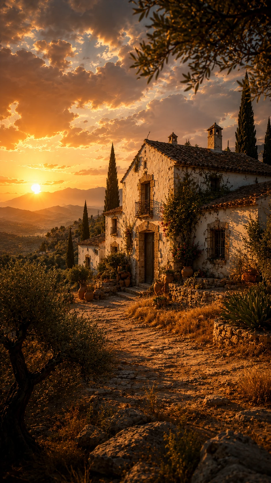 Cortijo entre olivares al atardecer